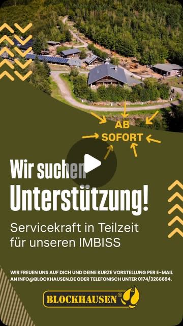 Text wir suchen Unterstützung vor Luftbild von Blockhausen